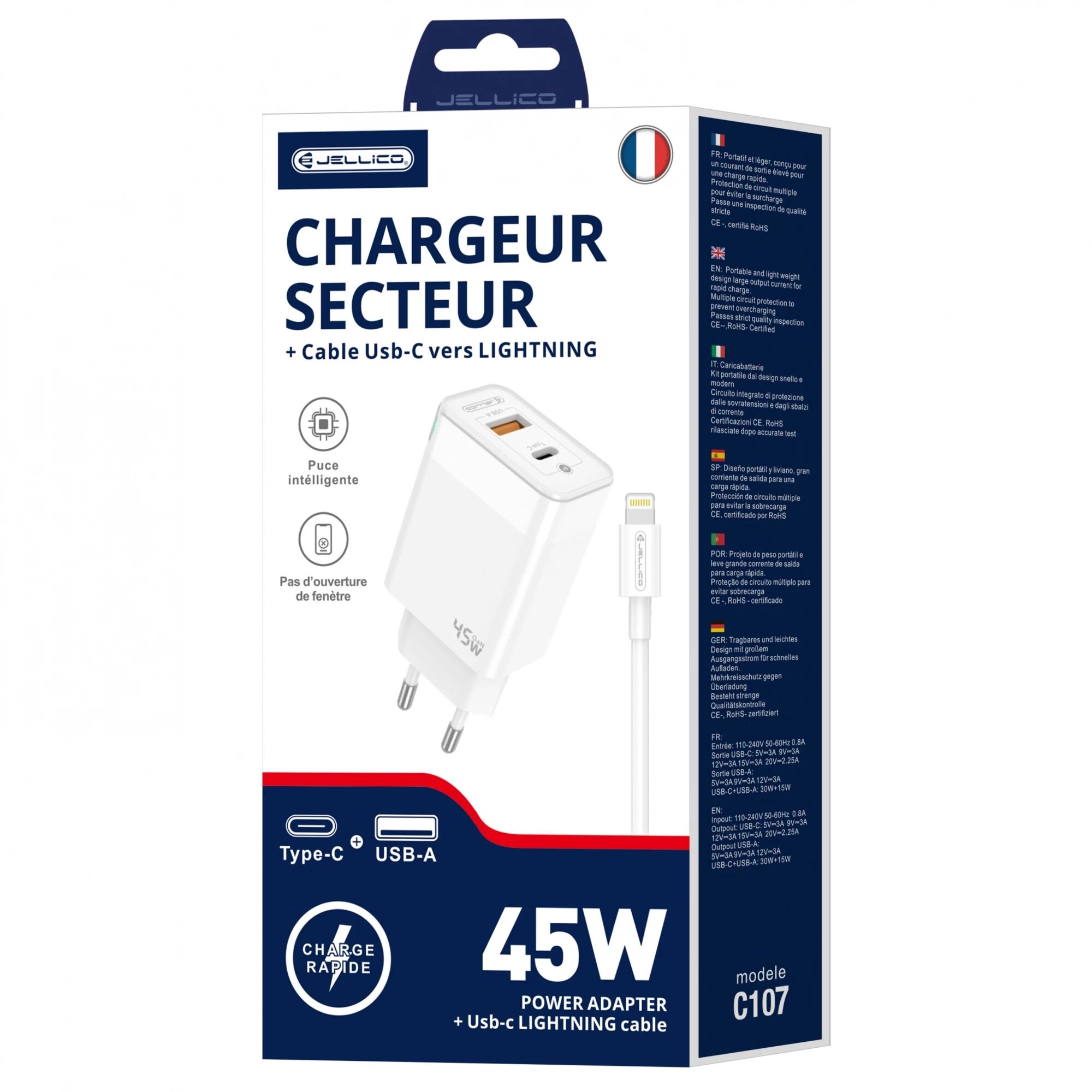 Adaptateur secteur Double port 1X Usb-C + 1X Usb-A (45W) avec cable Usb-C/Type C vers Lightning JELLICO C107 blanc